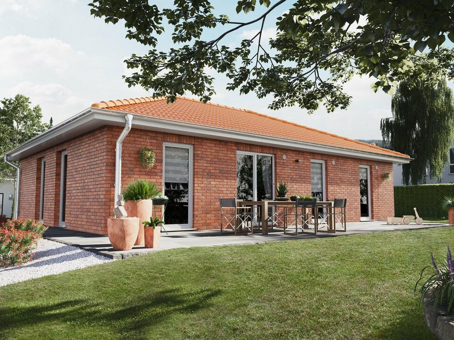 Der Bungalow 110 in der Variante Elegance mit Blick auf den Garten und Terrasse